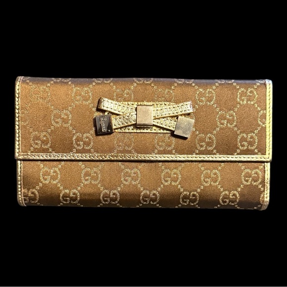 Gucci Princy Long Trifold Flap Wallet Gold Metallic and Brown GG Monogram Bow - Picture 1 of 17